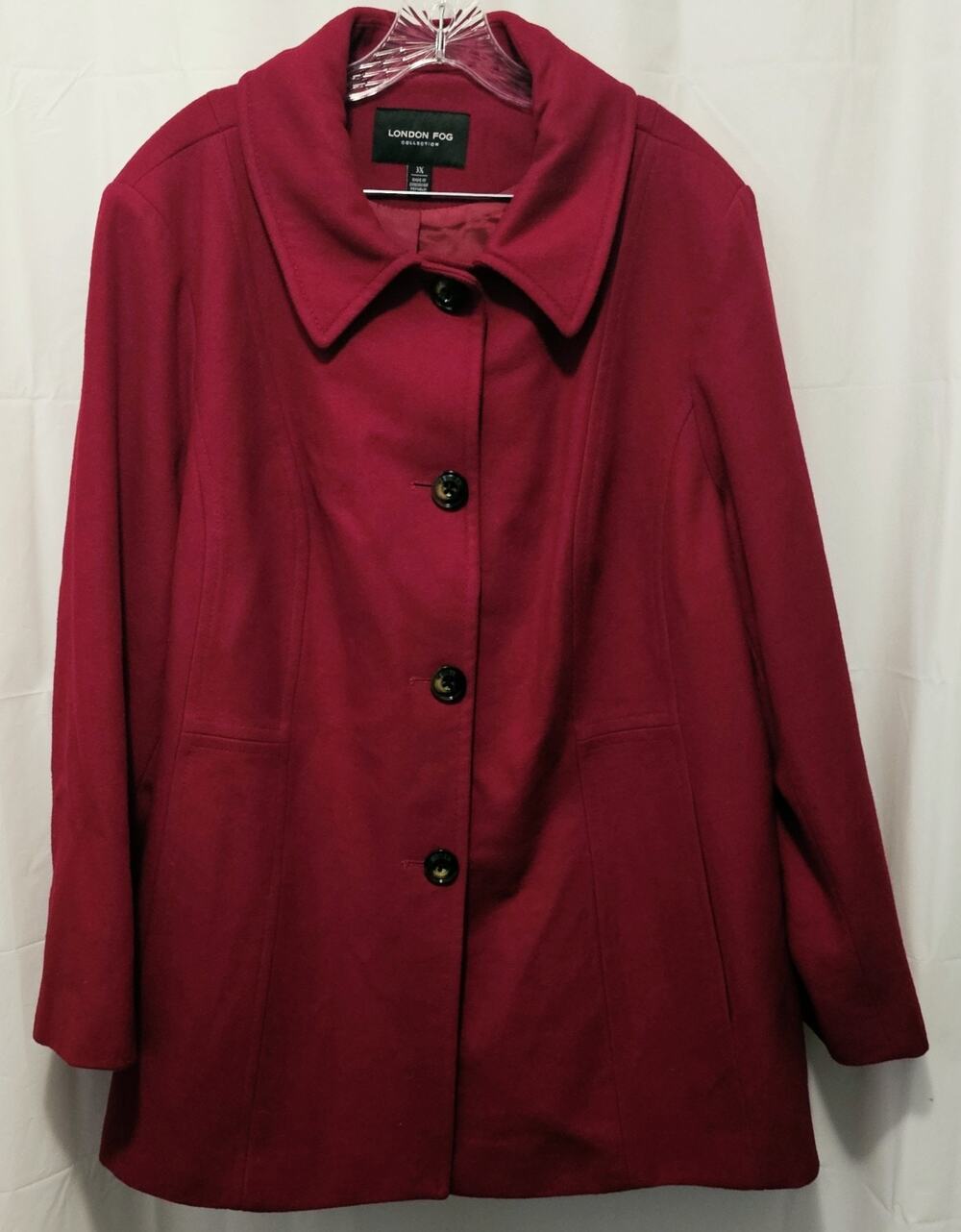 London Fog Women’s Deep Red Wool Blend Peacoat Sz 3X Single Breasted Pockets
